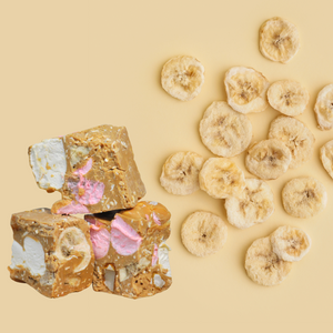 A neat pile of sliced bananas next to Rocky Road Banana and Macadamia Flavour.